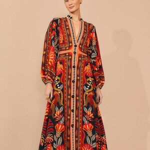 Red Nature Beauty Scarf Long Sleeve Maxi Dress